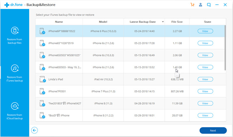 itunes backup files listed in Dr.Fone