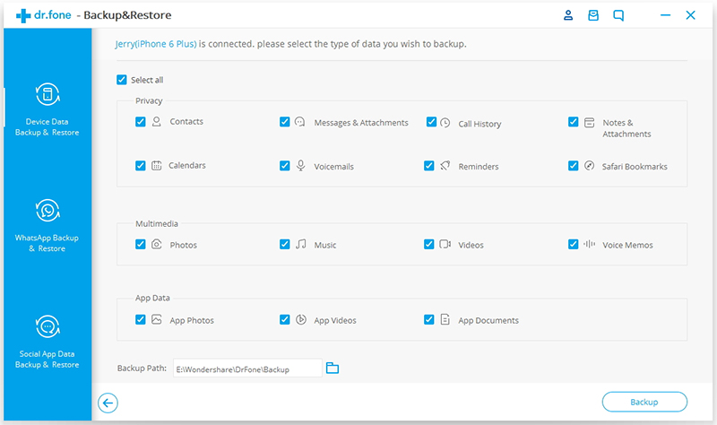 select iphone file types to backup