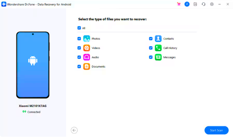 Choose data types and start scan