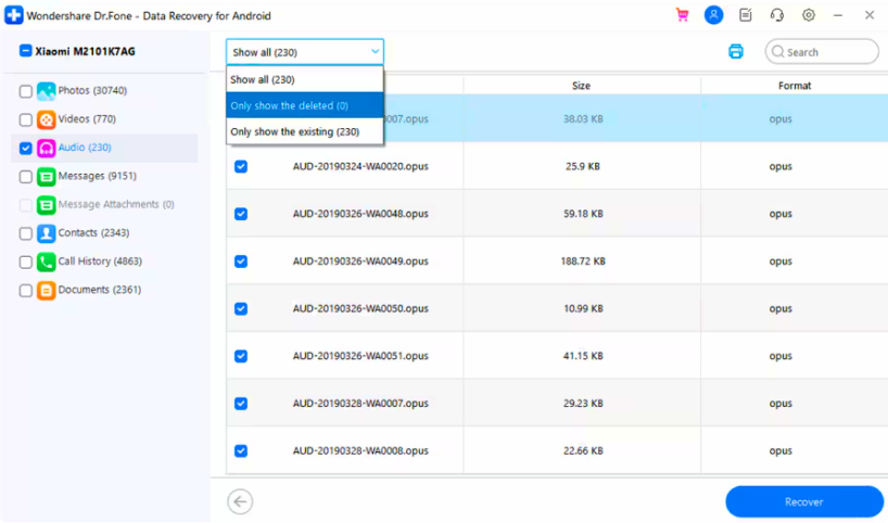 Preview results and recover selected data